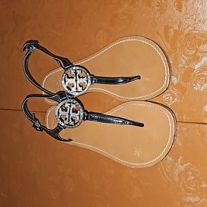Tory Burch Black Patent Leather Rhinestone Thong Sandals